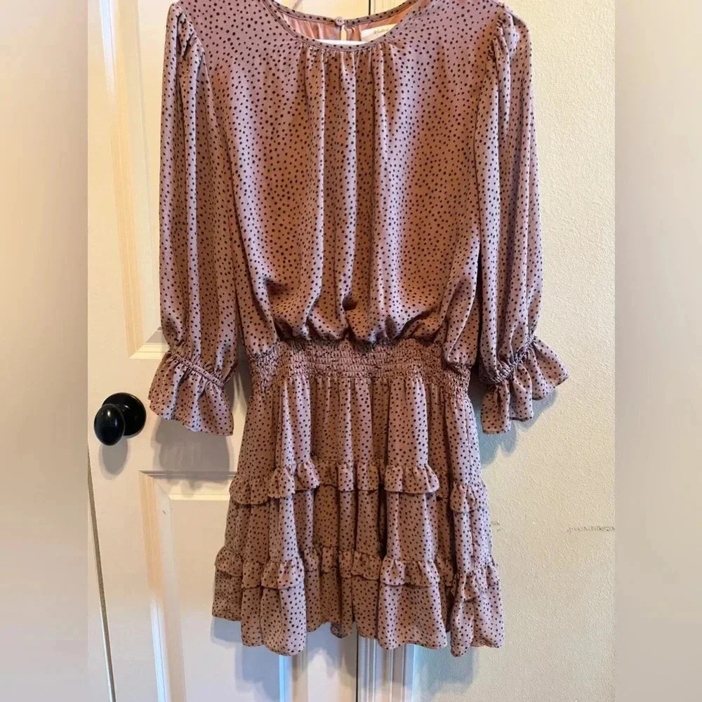 Mustard Seed High Neck Cinched Waist Tan Brown Polka Dot Ruffle Dress Sz M